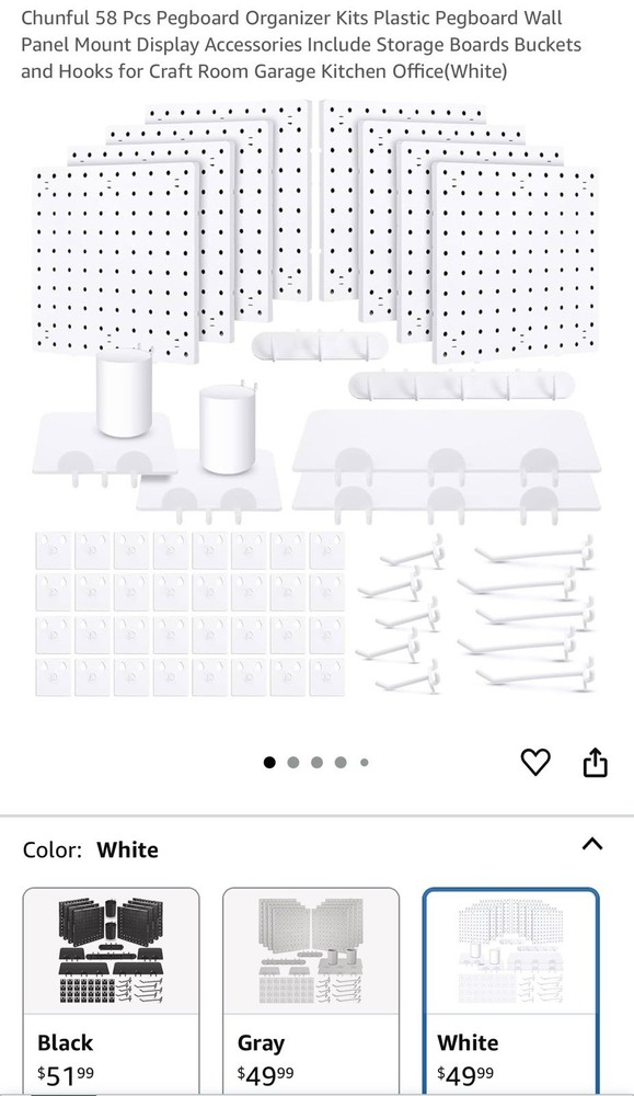 58 Pcs Pegboard Organizer Kits Plastic Pegboard Wall Panel Mount Display