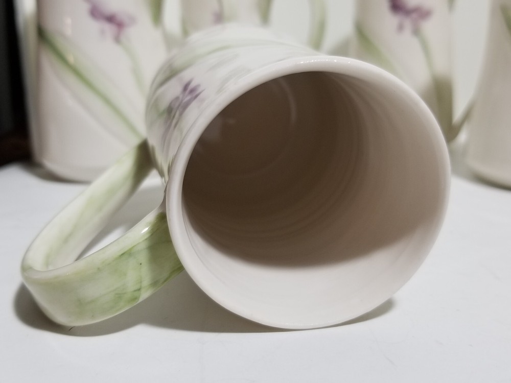 6 Iris Flower Art Pottery Espresso Cups & Creamer Studio Signed Jean Silvermann