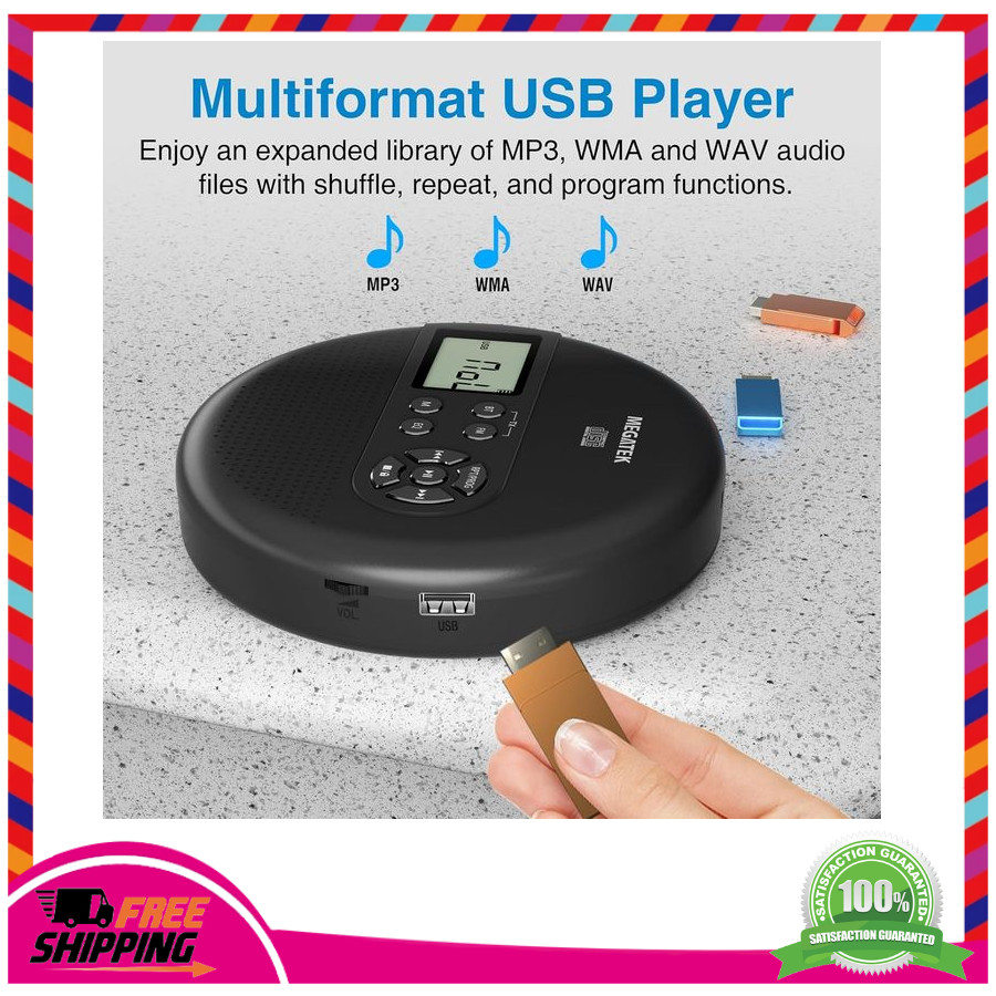 MEGATEK Portable CD Player Bluetooth for Car FM Transmitter Rechargeable Black