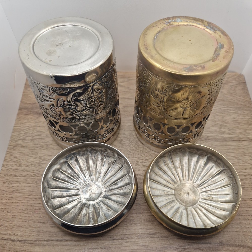2 X SILVER PLATED LIDDED CANISTERS EMBOSSED PATTERNED VINTAGE DECORATIVE