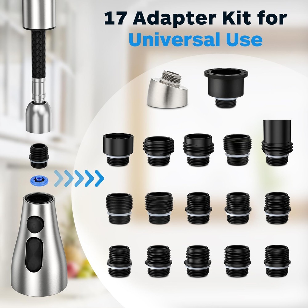 Kitchen Faucet Head Replacement 3 Modes with 17 Adapters, Pull Down Spray Hea...