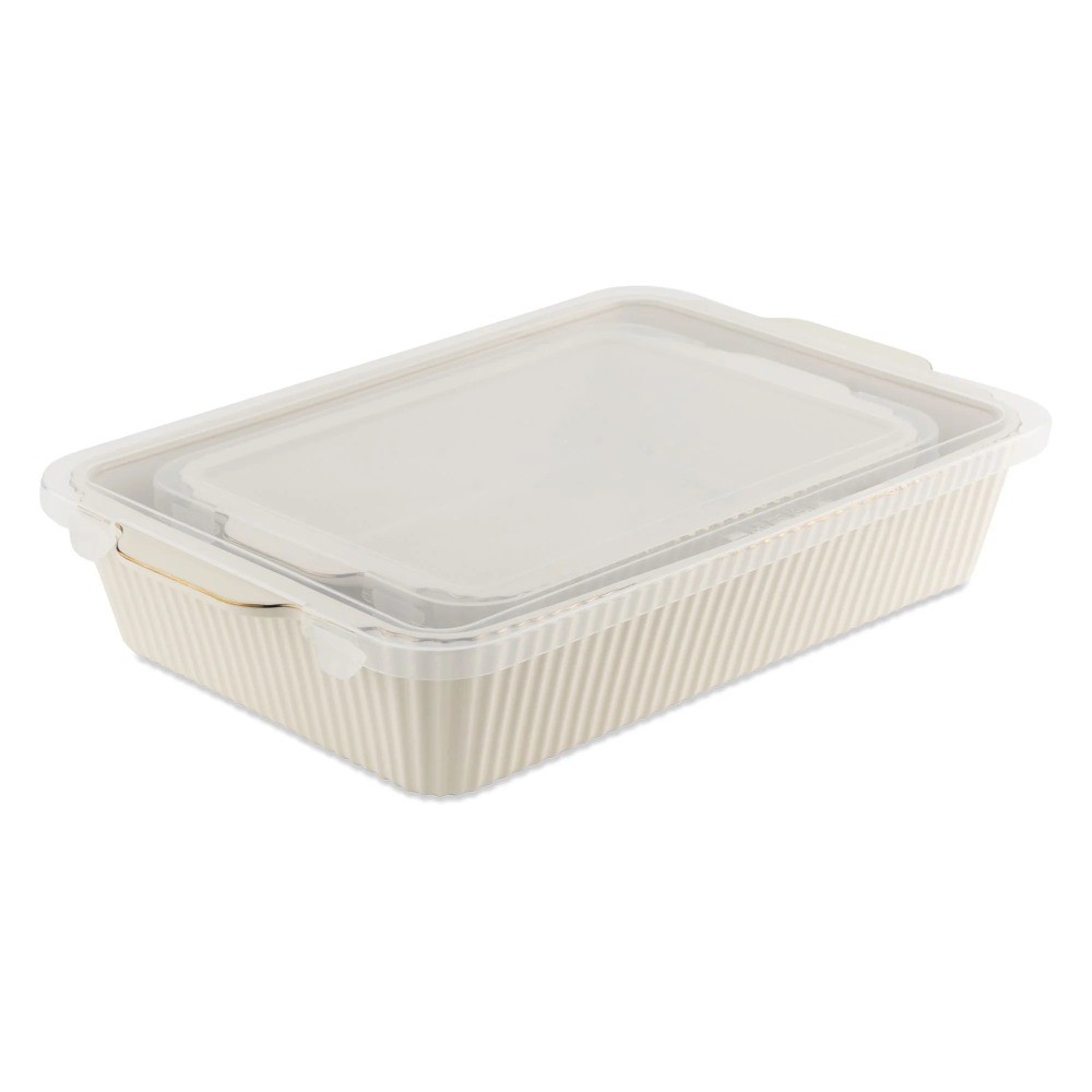4-Piece Stoneware Casserole Dish Bakeware Set, Includes Lids, White Ribbed