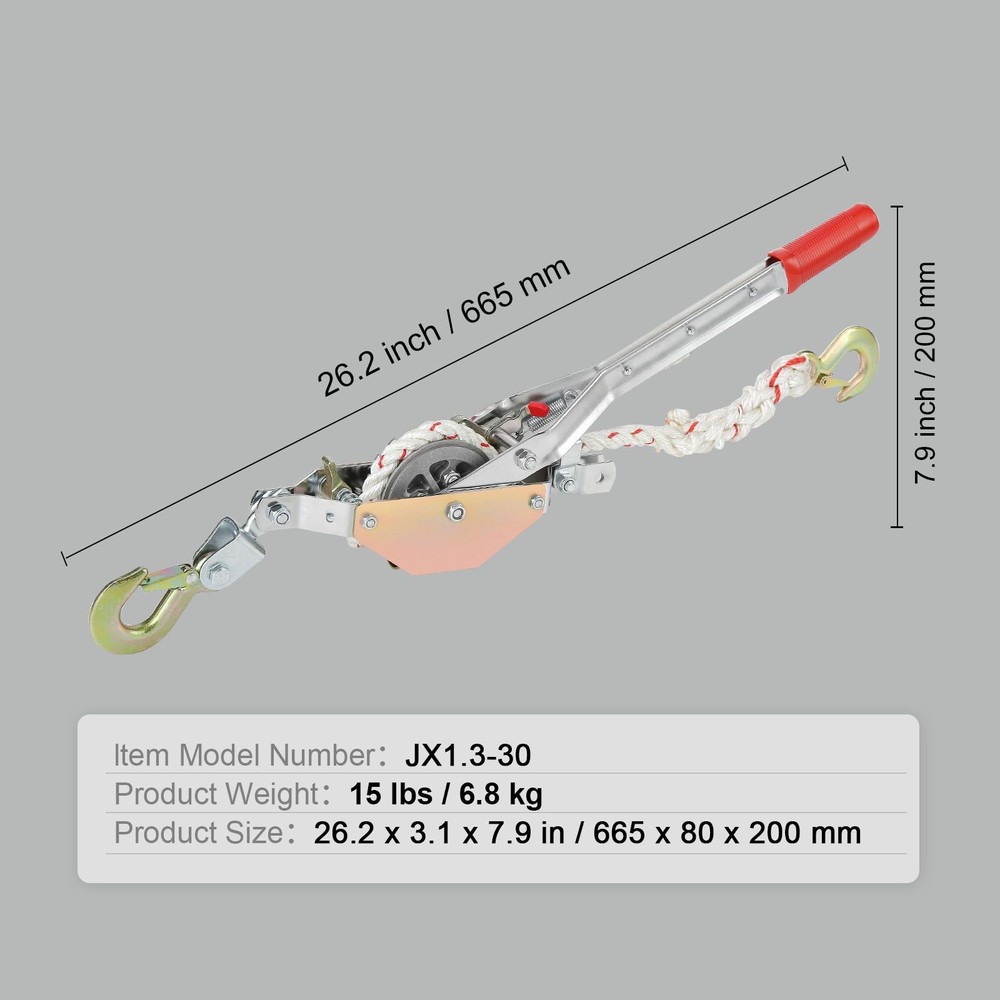 3/4 Ton Rope Puller w/ 100ft 0.6" Polyester Rope & Dual Hooks
