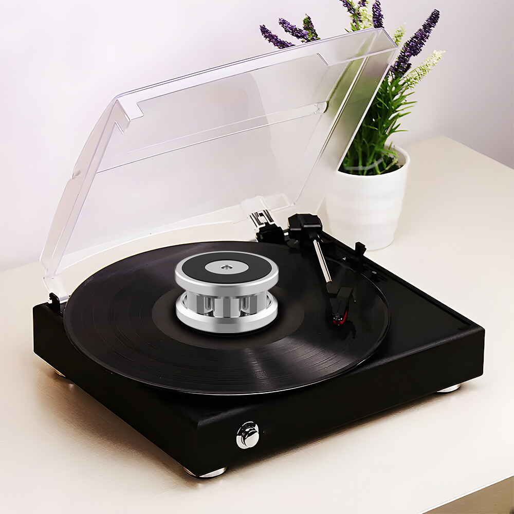Rotary disc vinyl weight stabilizer with adjustable disc clamp damper-