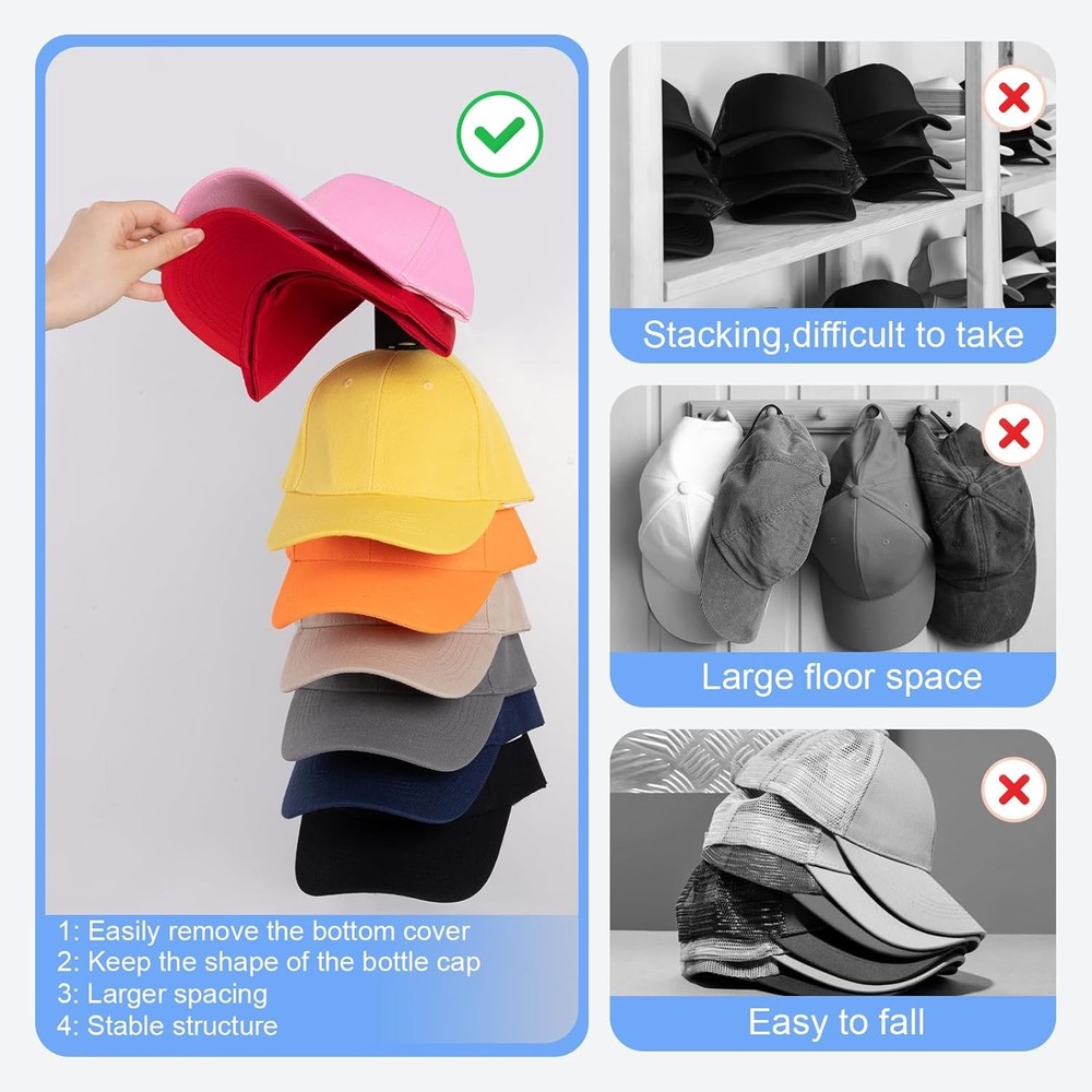 Hat Organizer for Baseball Caps, 2 Pack Black Rack Wall Hold up