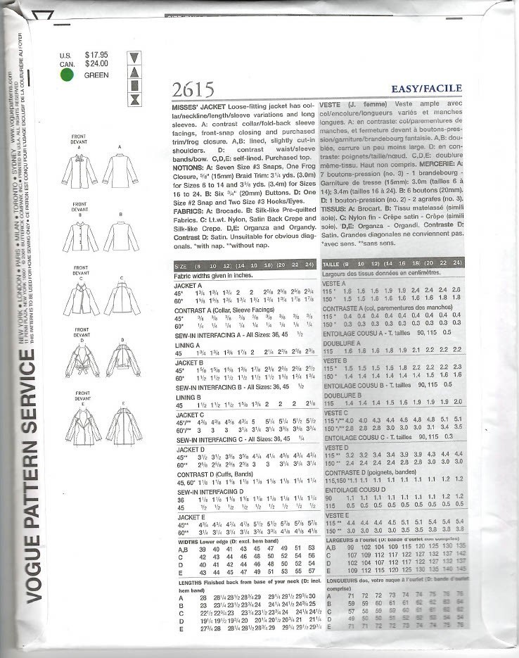 Vogue Basic Design Sewing Pattern #2615-Misses Jackets
