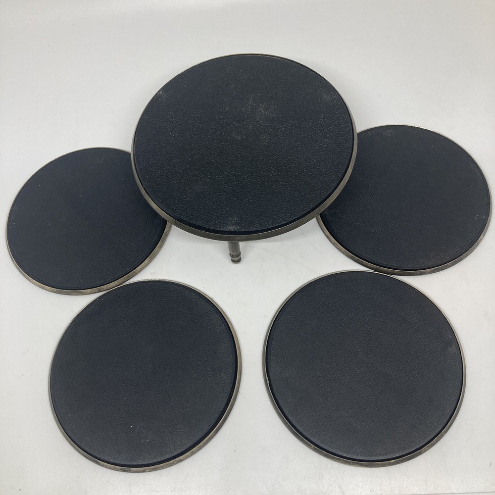 4 Embossed SilverPlate Antique Drink Coasters With Holder Unmarked.