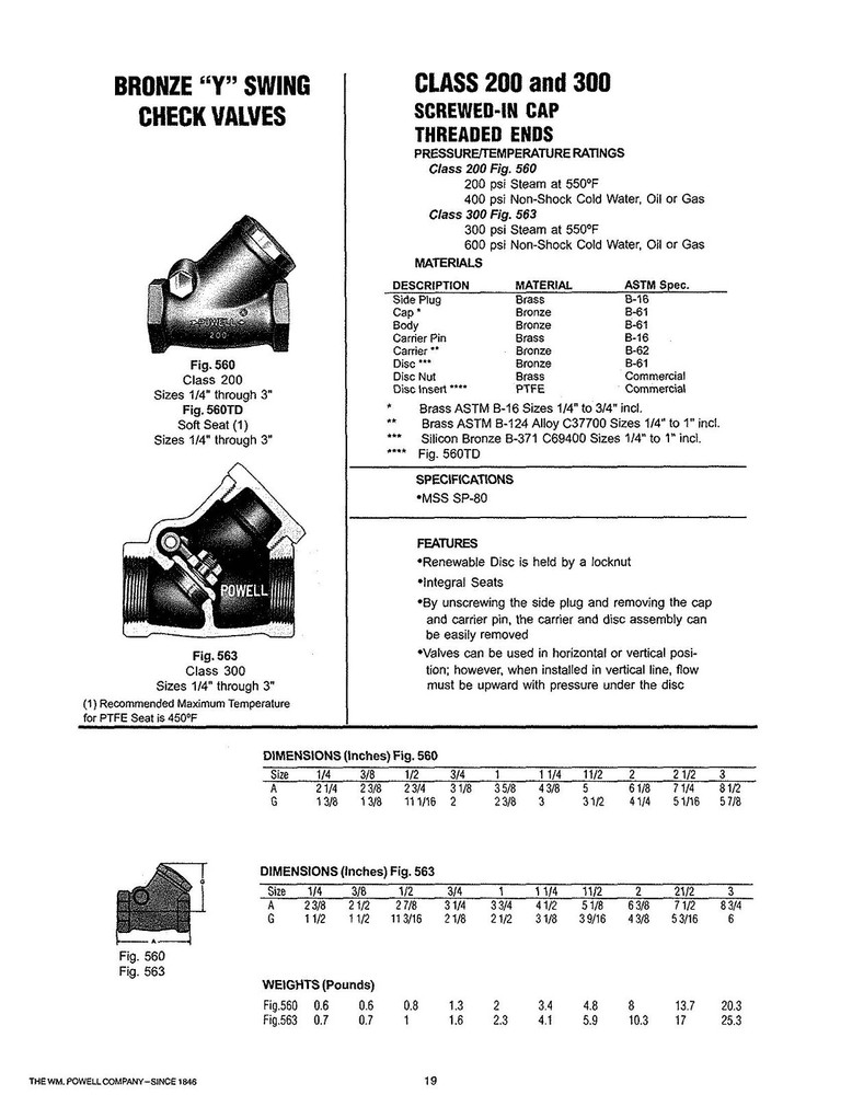 1/2" BRONZE 200 / 400 THREADED Y-PATTERN SWING CHECK VALVE - POWELL FIG.560