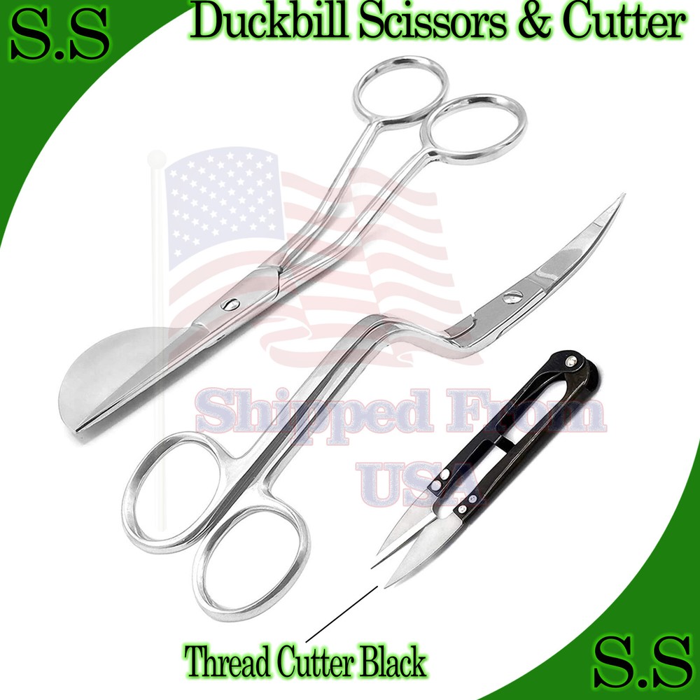 Applique Duckbill Scissors & Bent Curved Embroidery Scissors+Thread Cutter Black