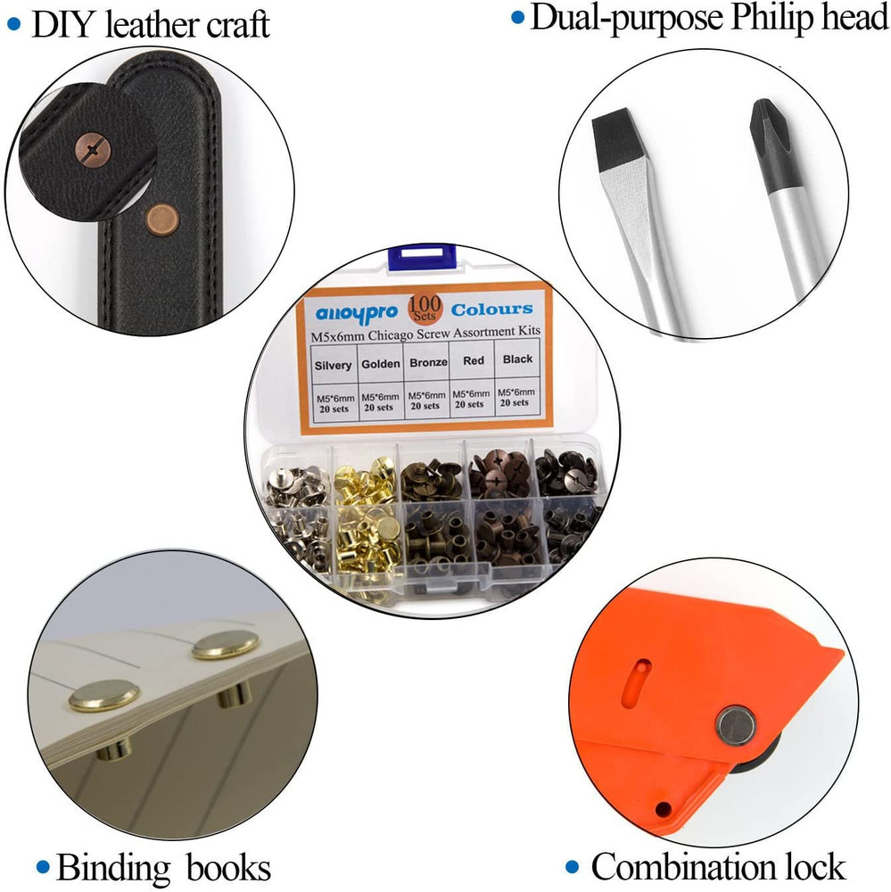 100 Sets Chicago Screws Assorted Kit Leather Rivets Binding Posts Bolts New