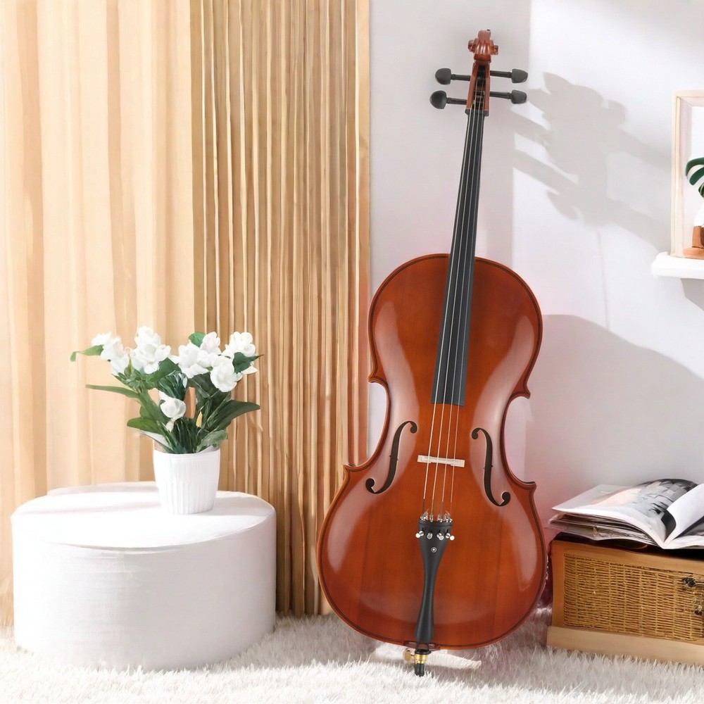 Natural Full Size 4/4 Acoustic Cello Set w/ Spruce Panel & Tiger Pattern Process