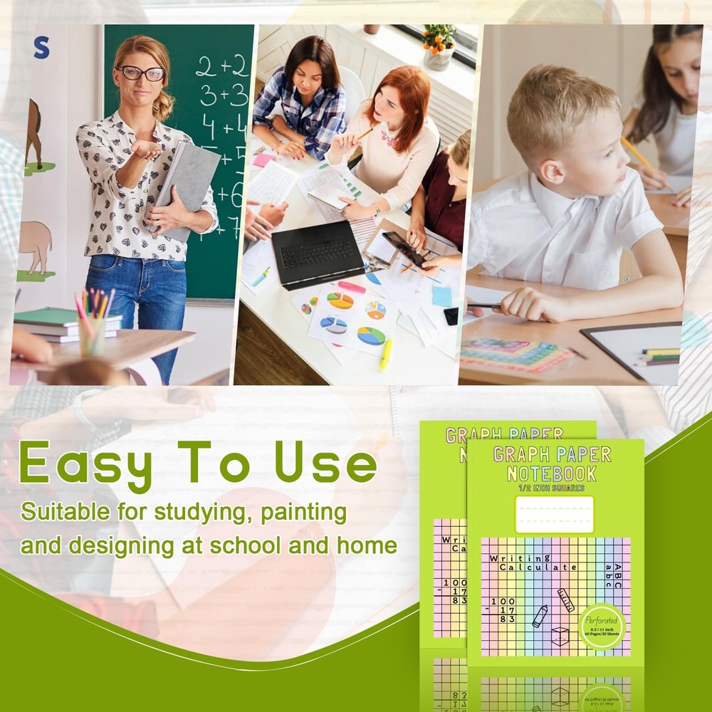 1 Pack 8.5×11 Colored Graph Paper Pad Math Notebook Graph Paper 1/2 Inch Sq