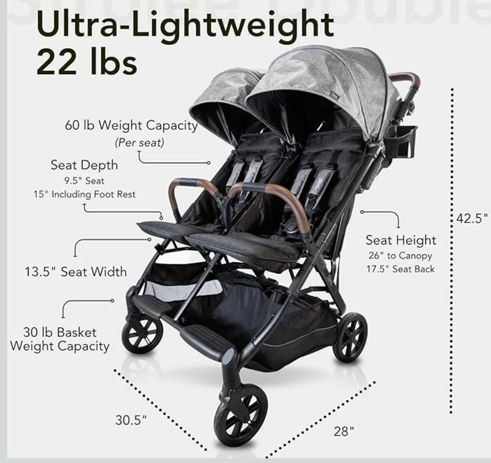 Strolee V2 Double Lightweight Stroller Black Adjustable Handles Compact Fold New