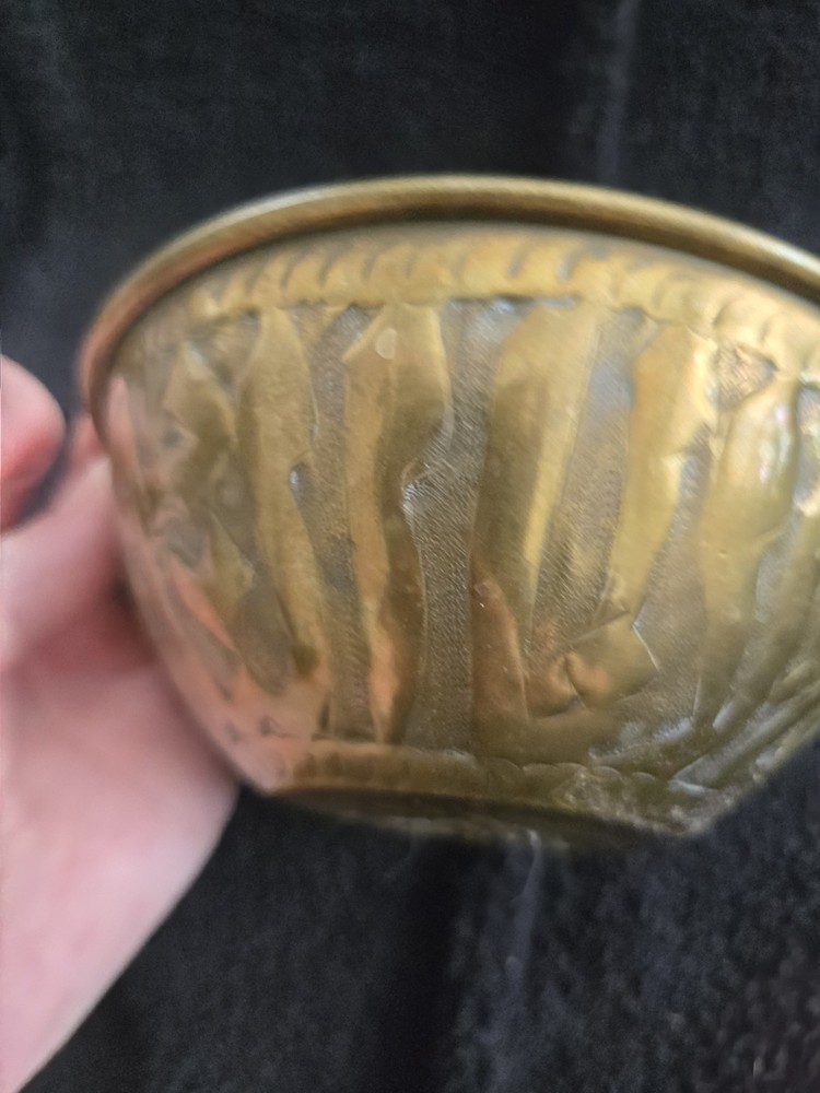 Vintage Middle Eastern Brass Bowls Pair, Engraved Arabic Script, 4.5" Alms