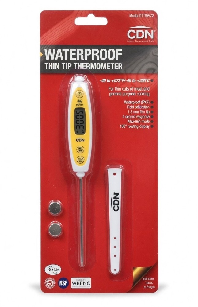 CDN Waterproof Thin Tip Thermometer,White 3.5" Stem