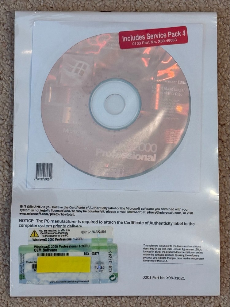 Microsoft Windows 2000 Professional 1-2CPU OEM Software with SP 4 Sealed