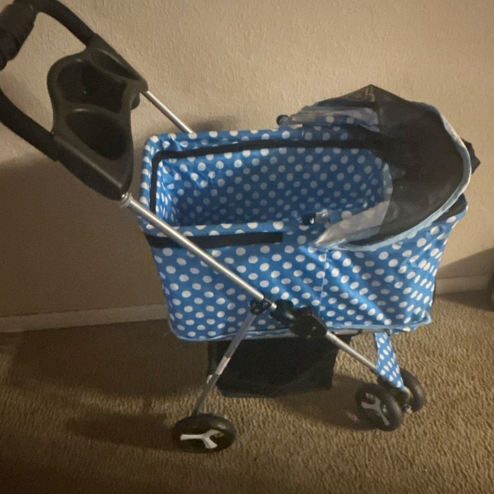 Blue Polka Dot 4-Wheel Pet Stroller Foldable with Cup Holder