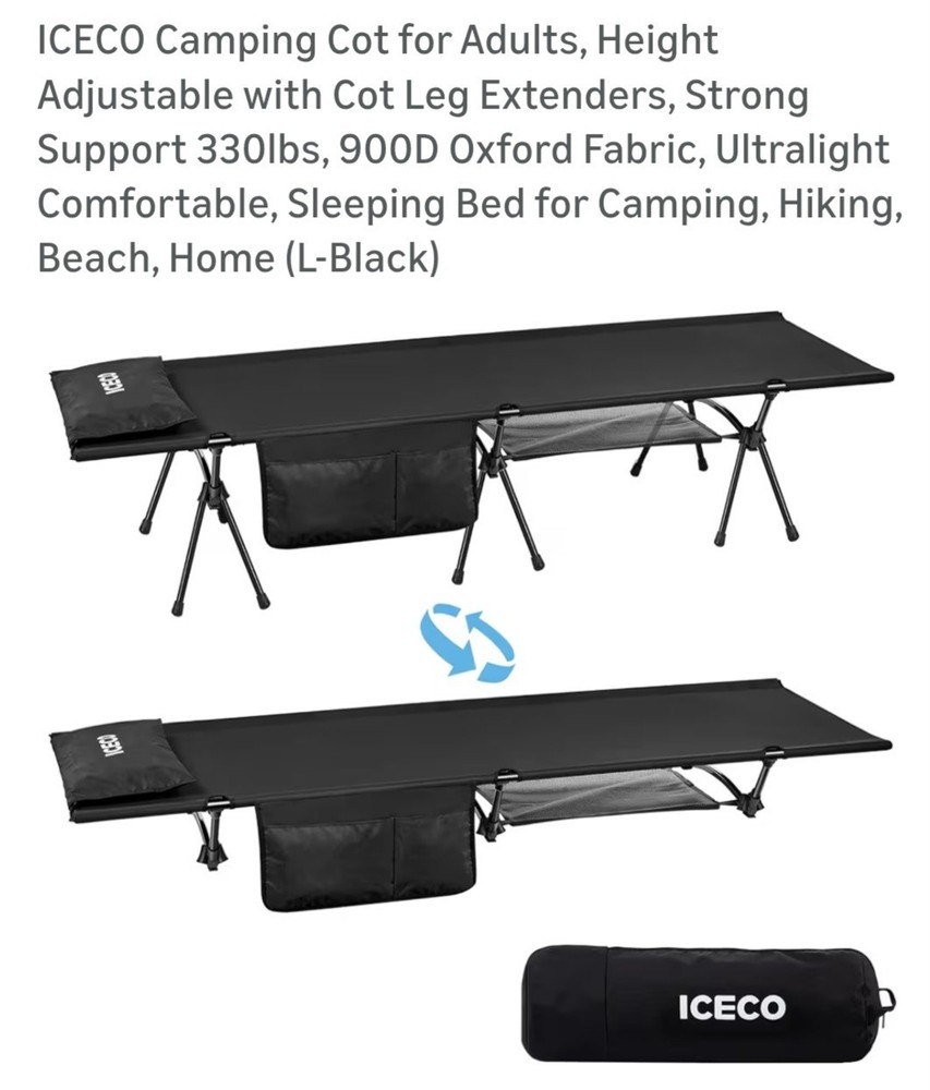 ICECO Camping Cot Aluminum Frame Black CC190 Pro - NEW!