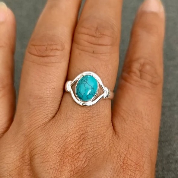 Solid 925 Sterling Silver Natural Turquoise Oval Gemstone Artisan Boho Band Ring