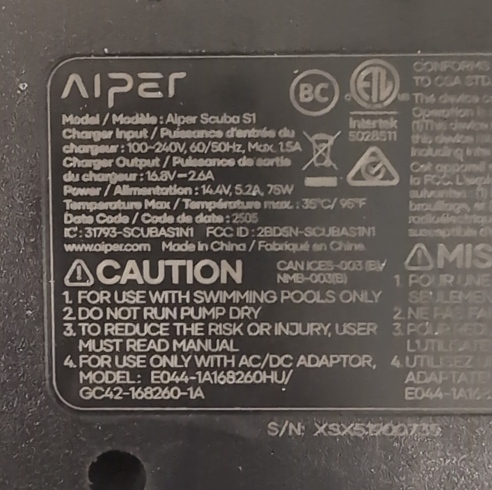 Aiper Scuba S1 Robotic Pool Cleaner Automatic Empty Function Power Cord Manual