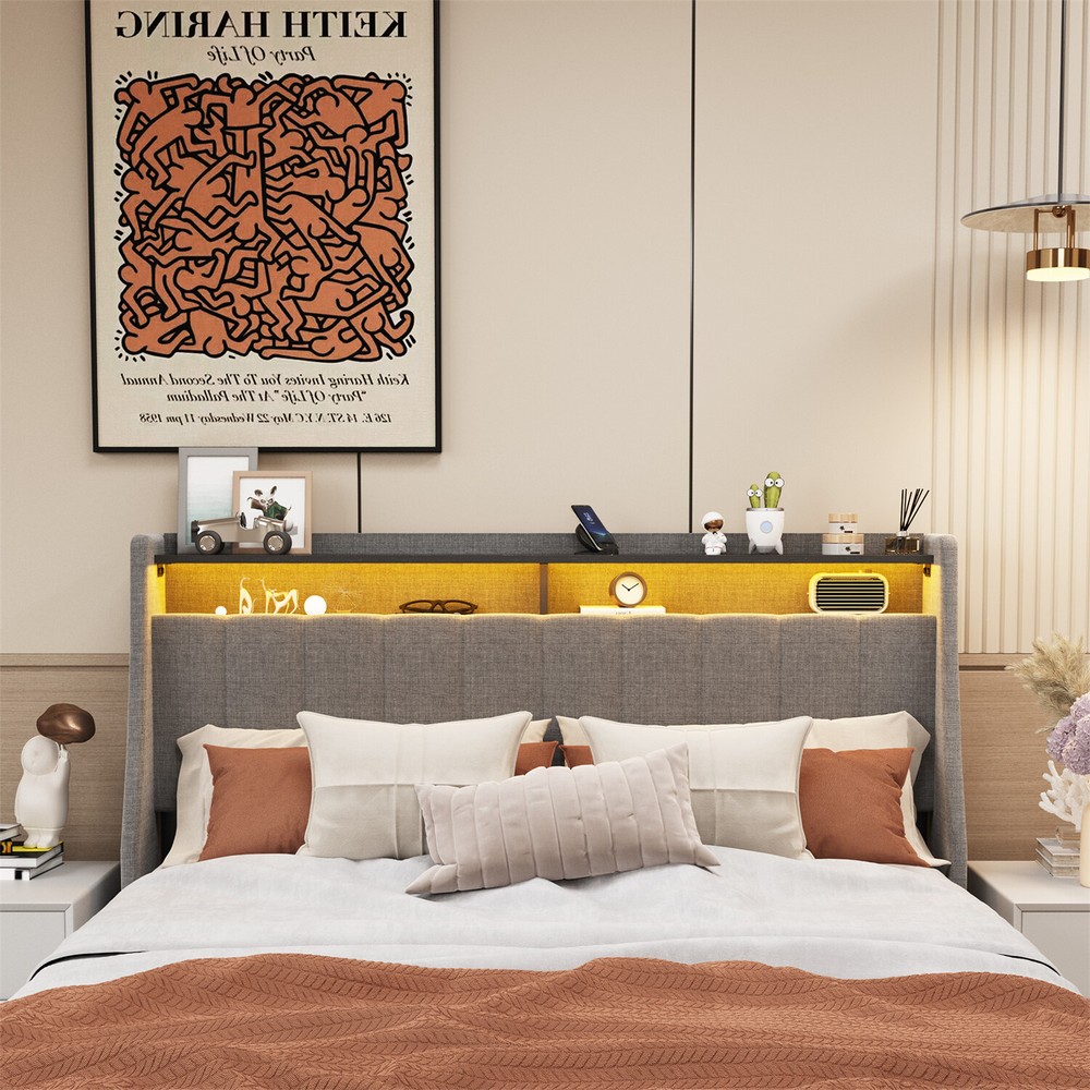Queen Size Bed Frame Upholstered Platform Bed w/ LED Lights Headboard & 4 Drawer