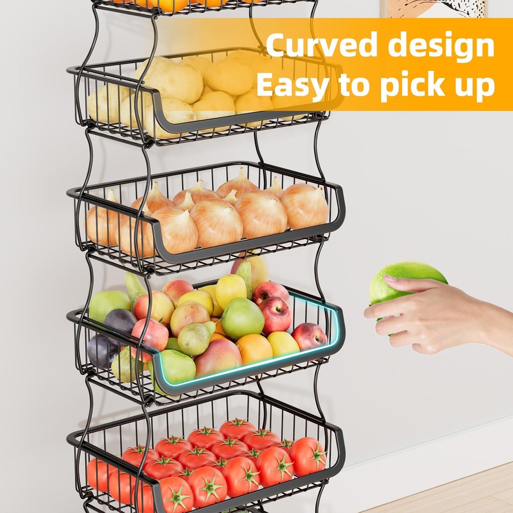 6 Tier Rolling Cart, Stackable Fruit Vegetable Basket with Wheels and 2 Hangi...