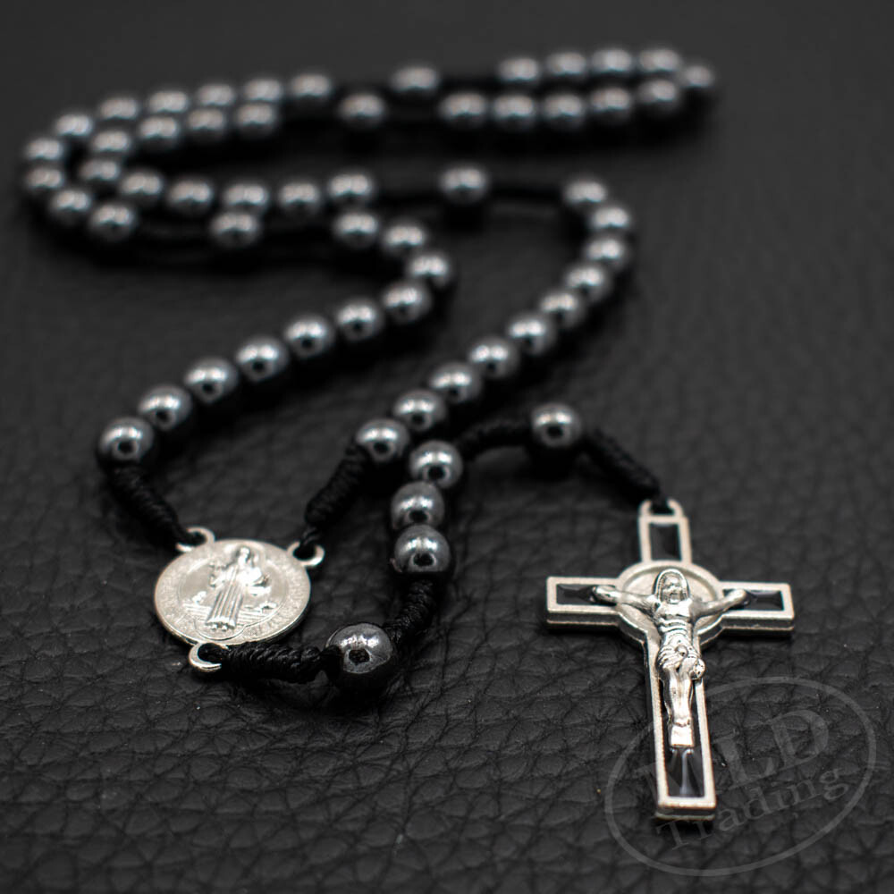 Saint St Benedict Medal Cord Rosary Black Hematite Beads Rosario San Benito 12"