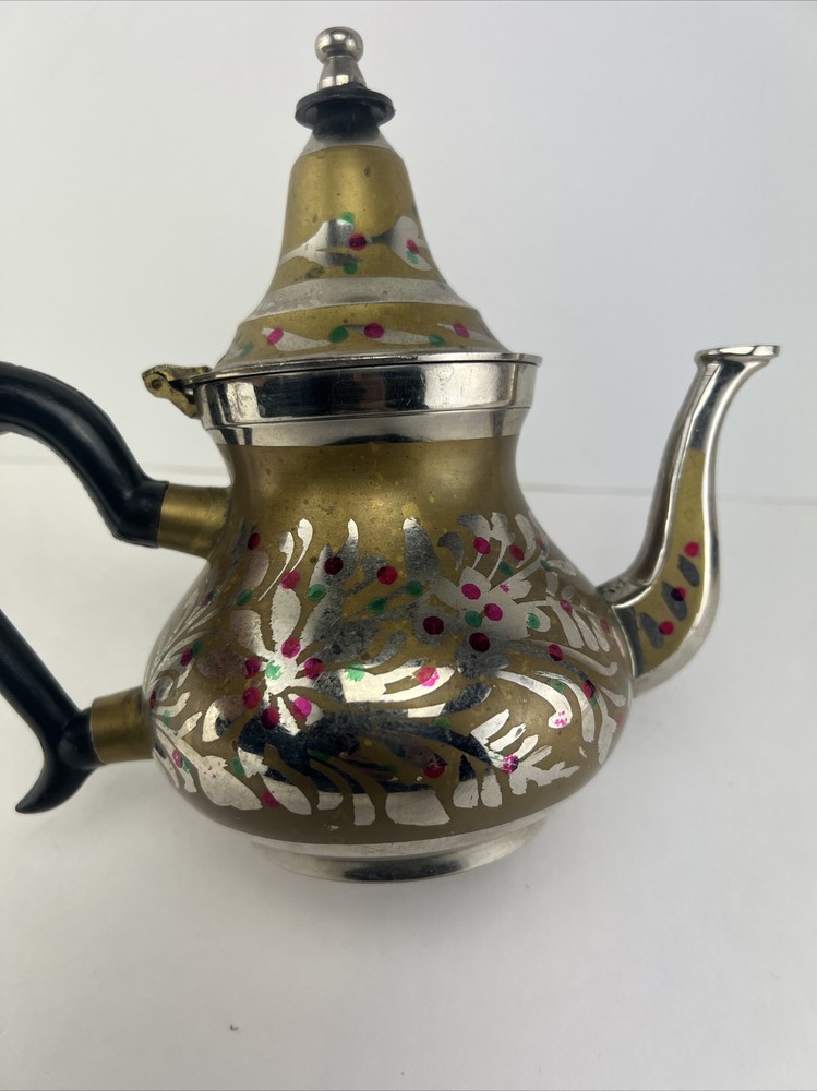 Vintage Ornate Small Middle Eastern Brass & Silver Tea Pot