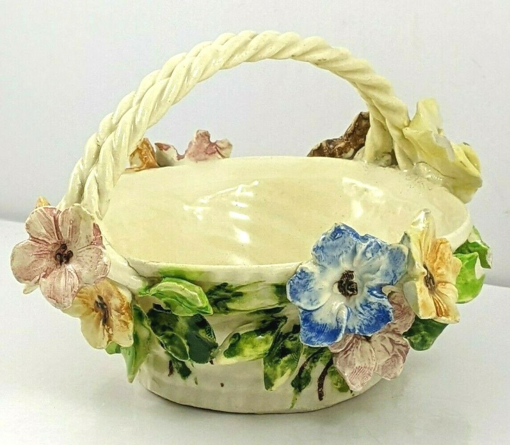 Vintage Ceramic Flowered Basket Braided Handle Italy