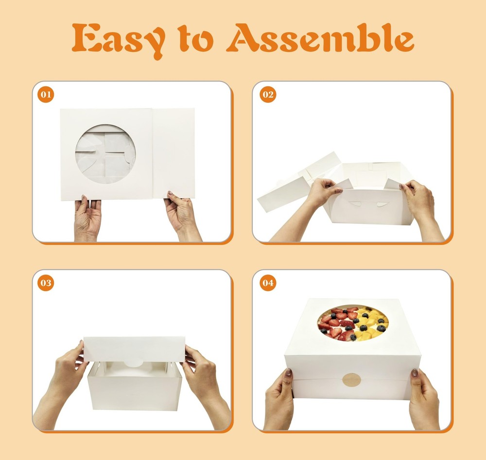 25 Pack Cake Boxes 10x10x5 Inches Cake with Windows, White Square Bakery Boxe...