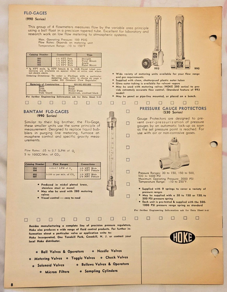 1960s HOKE Precision Pressure Regulators 8 page Sample Catalog