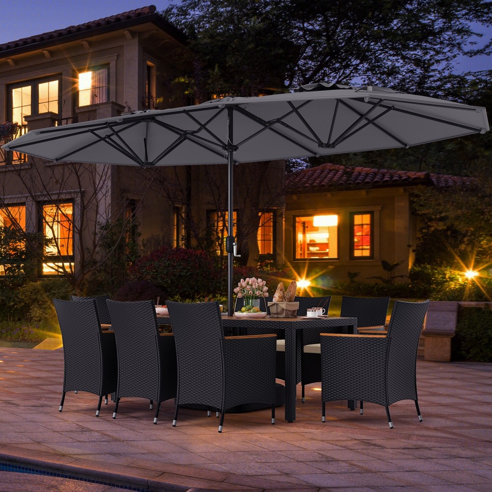 11 PCS Patio Wicker Dining Set w/Double-Sided Outdoor Umbrella 8 Stackable