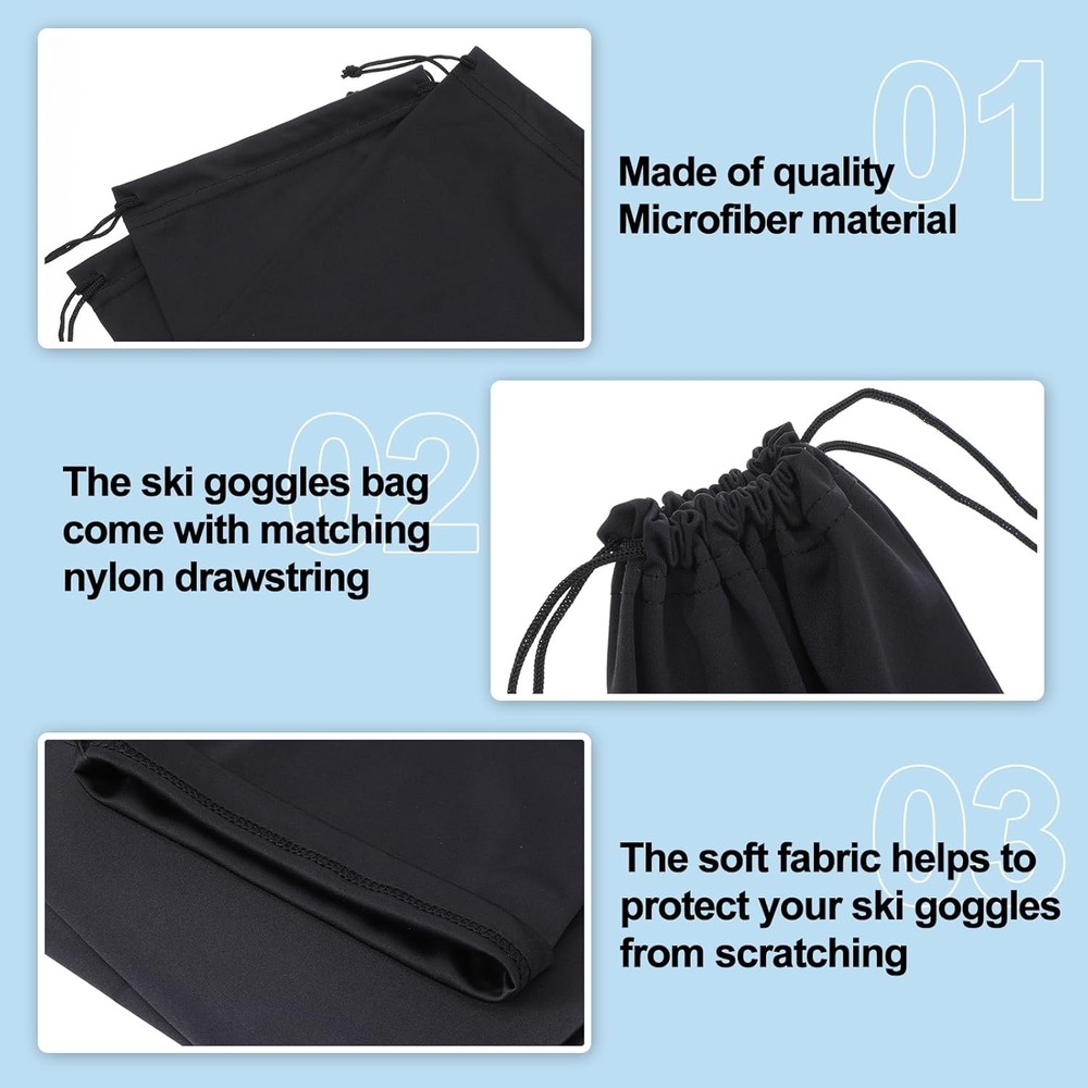 5Pcs Microfiber Drawstring Protection Pouch, Black Ski Goggle Bags Soft Storage