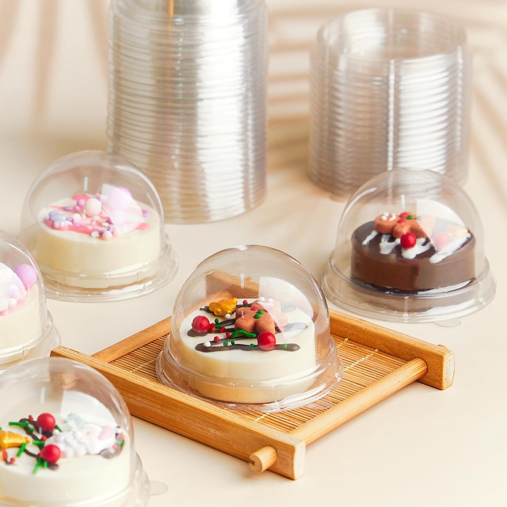 50 Pack Mini Cake Containers Clear Plastic Small Cupcake Boxes with Dome Lids