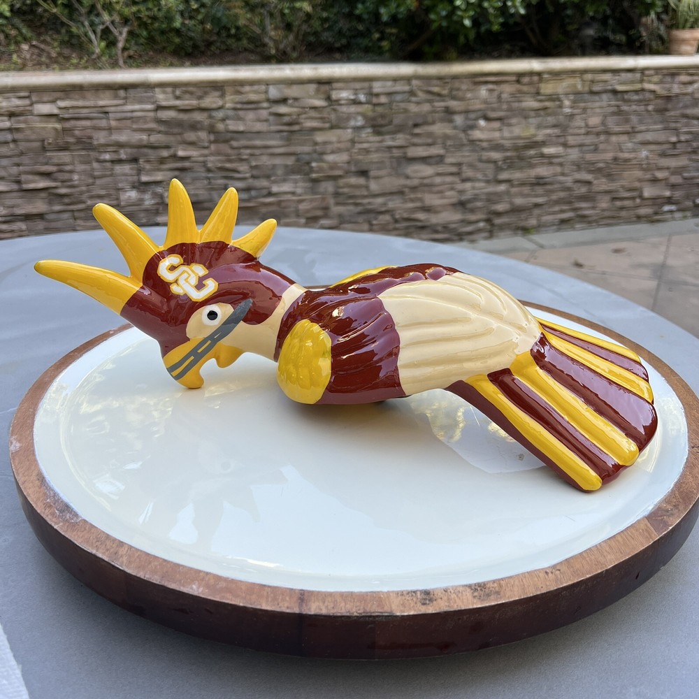 USC Trojans Handmade Ceramic Macaw Parrot Bird On Line Perch