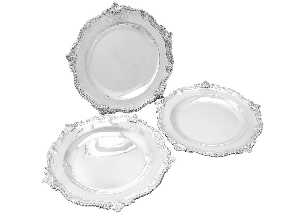 Antique Set of 3 Sterling Silver Dinner Plates/Second Course Dishes