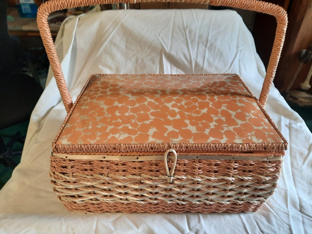 Woven Wicker Sewing Basket in Orange