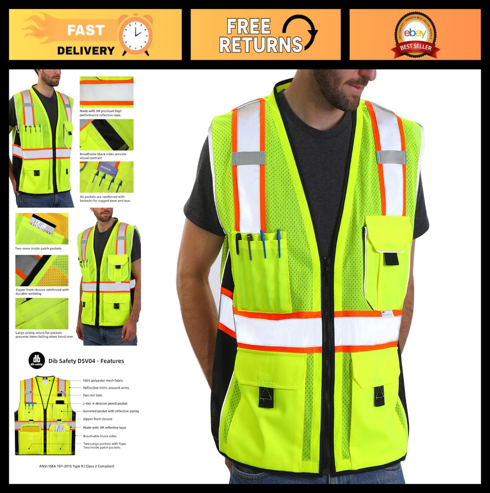 High Visibility Safety Reflective Vest, ANSI Class 2, Mesh with Pockets & Zipper