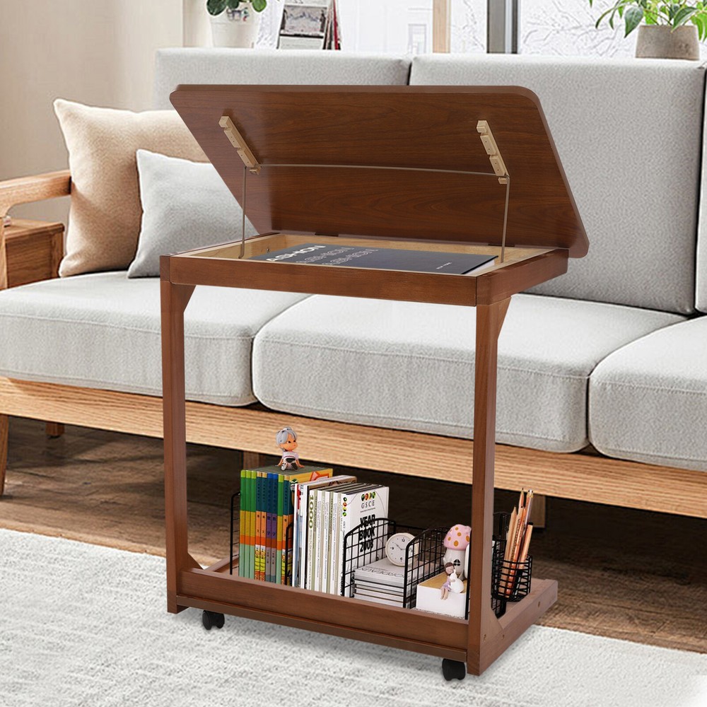 2-tier Walnut-Colored Adjustable Angle C-Shaped End Table With 4-Wheels 55.12lbs