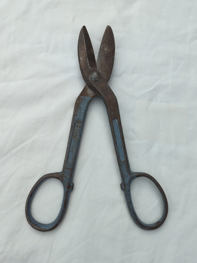 VINTAGE 12" WIS A-9 DROP FORGED SOLID STEEL TIN SNIPS BLUE Old Tool Scissors