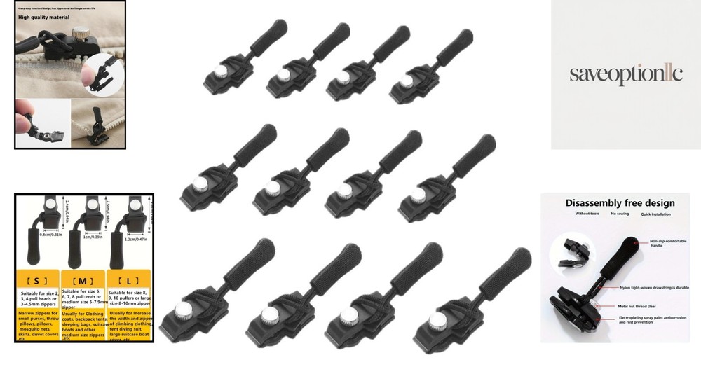 Zipper Repair Kit: 12pcs Quick Install Detachable Pulls in 3 Sizes for Easy R...