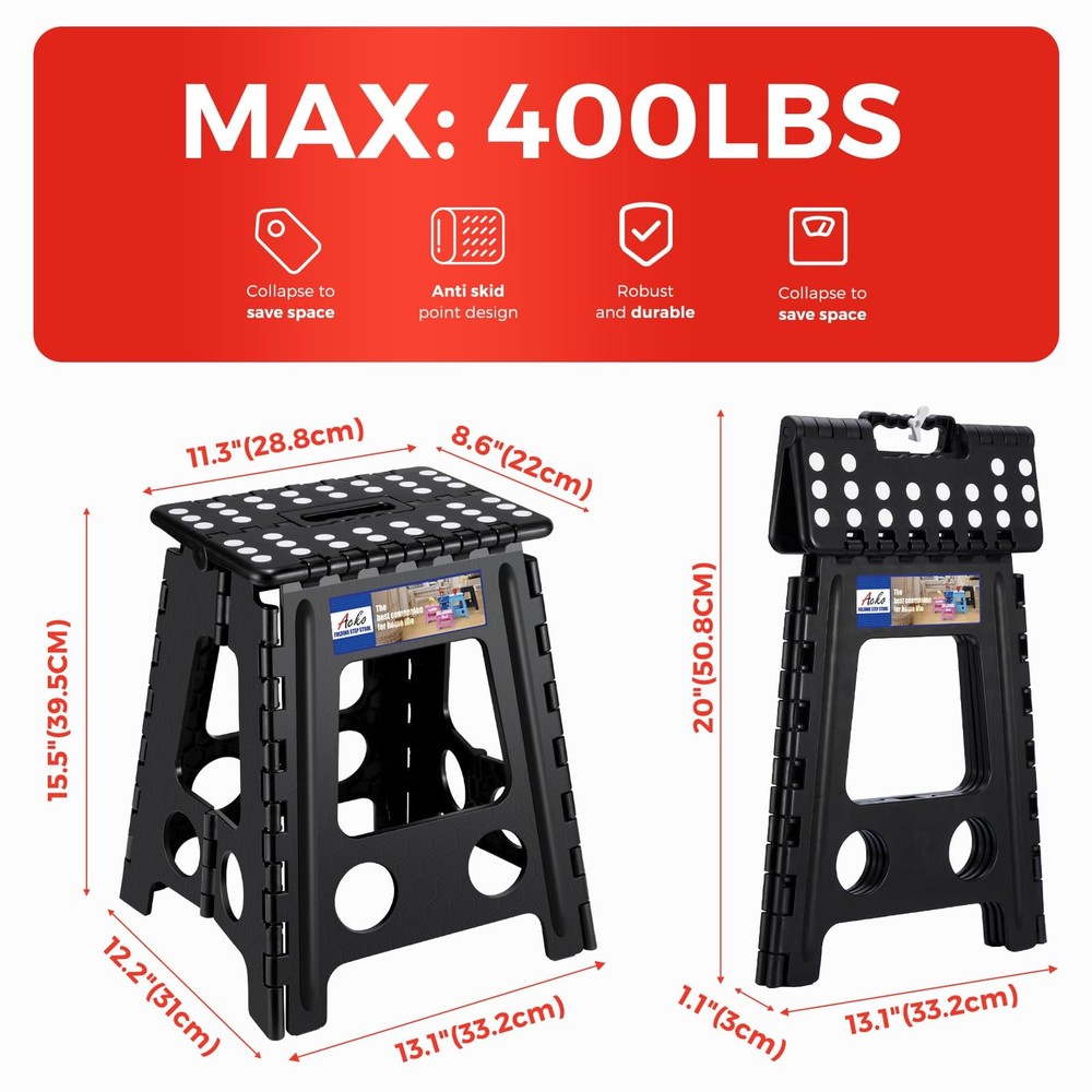 Folding Step Stool 16 Inch 400 Lbs Capacity Plastic Collapsible Black 1 PC