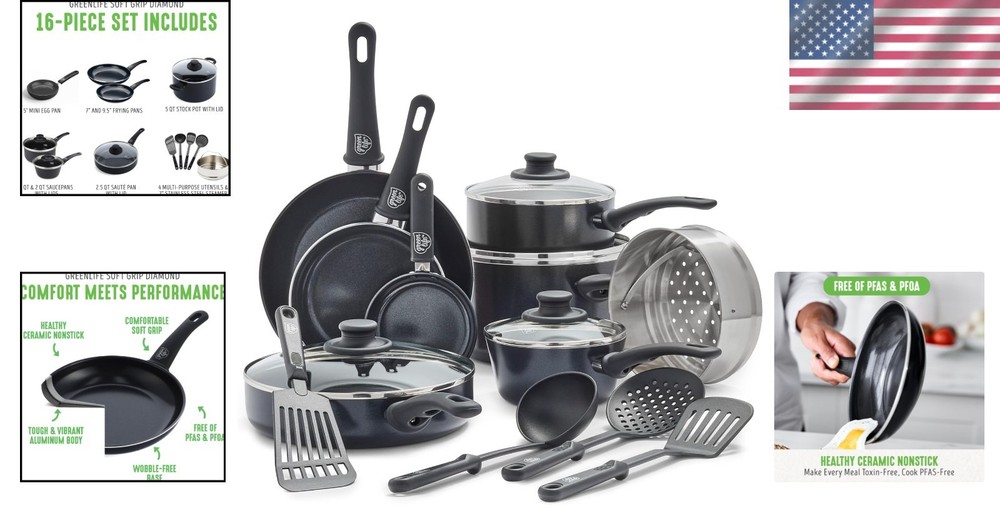 Ceramic Cookware Set, 16-Piece, Oven Safe, Stay-Cool Handles=