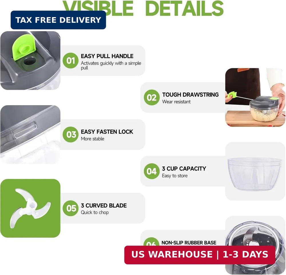 Manual Food Processor Vegetable Chopper, Portable Hand Pull String Garlic Mincer