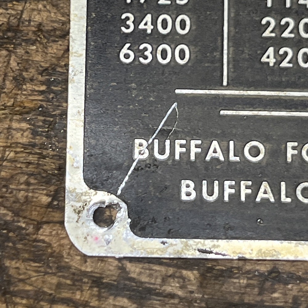 Buffalo Forge 15 Inch Drill Press Badge / Tag / Logo / Spindle Speed Chart