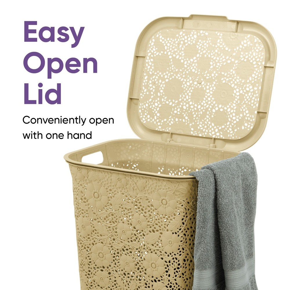 Plastic Laundry Hamper with Lid, Lace design- Beige, 50 Liter (3Pack)