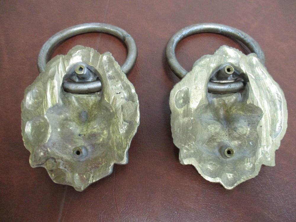 2 Vintage Large Brass Lion Head Drawer Pulls Knobs handles