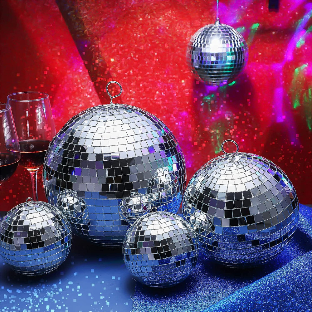 8 Pcs Large Disco Ball Set Silver Mirror Disco Reflective Ball with Hanging Ring