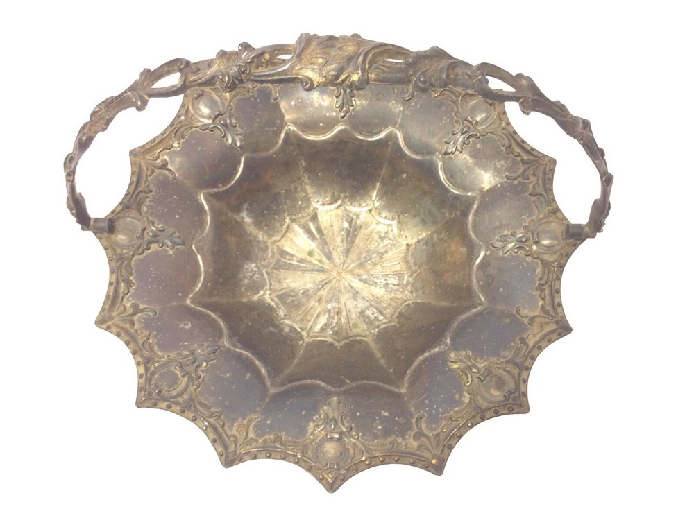 Antique Silverplate White Metal Handle Ornate Star Pattern Serving Carrying Bowl