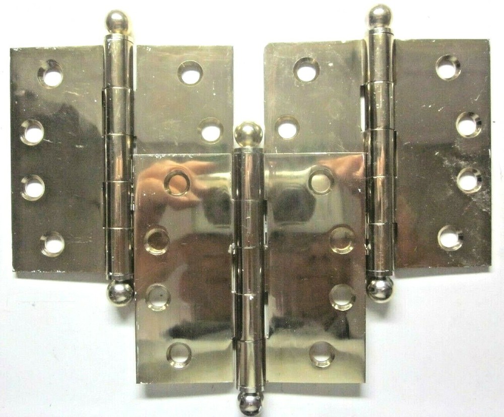 Mortise Barn Door Ball Tips 4" Butt Hinge 1970 Solid Shiny Brass 1 Vintage Repro